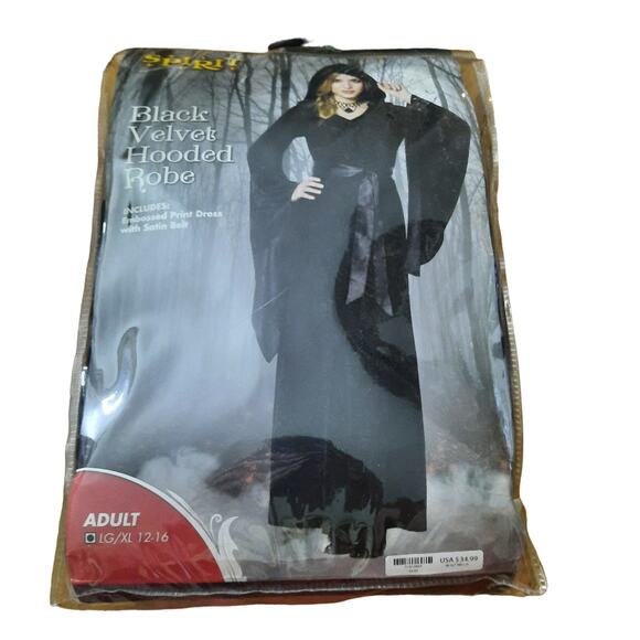 Spirit Hallowen Black Hooded Robe Embossed Print With Satin Belt Costume Size L - Picture 1 of 5